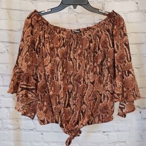 Express Snakeskin Print Flutter Sleeve Off The Shoulder TopSize: MColor: Neutral